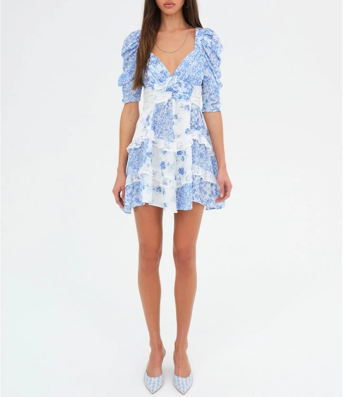Women Y2k Lace Floral Patchwork Mini Ruffle Dress Sweetheart Puff Short Sleeve Tiered A Line Short Dresses
