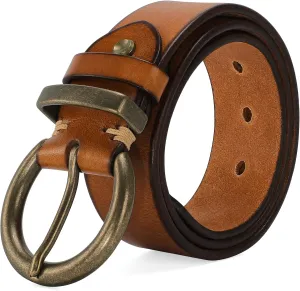 Women's 1.5" Wide Leather Belt with Large Brass Buckle - Trendy Vintage Style for Jeans and Pants