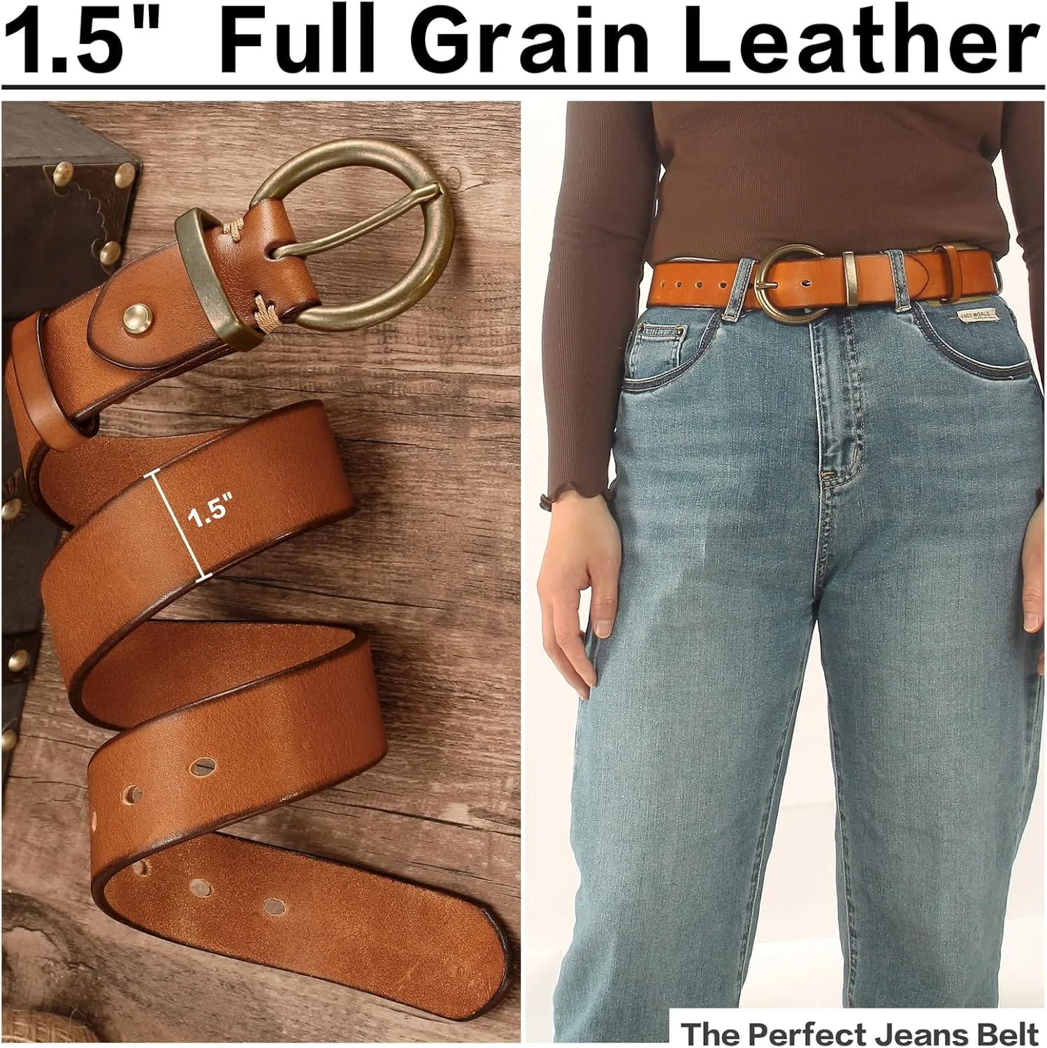 Women's 1.5" Wide Leather Belt with Large Brass Buckle - Trendy Vintage Style for Jeans and Pants