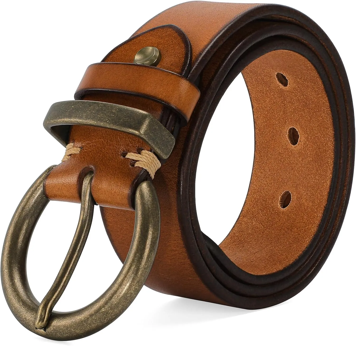 Women's 1.5" Wide Leather Belt with Large Brass Buckle - Trendy Vintage Style for Jeans and Pants