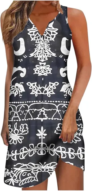 Womens Casual Sleeveless Mini Dress Vintage Print Buttons V Neck Short Dresses Summer Beach Vacation Sundress