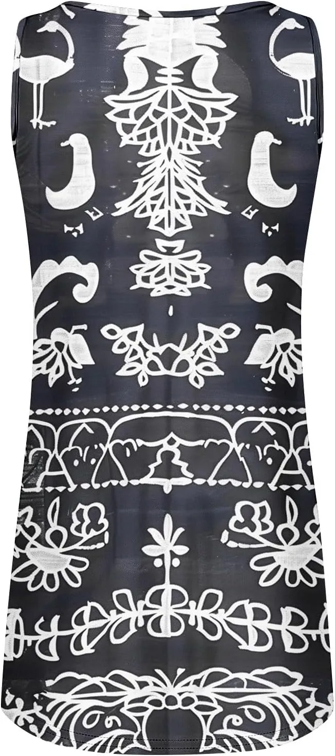 Womens Casual Sleeveless Mini Dress Vintage Print Buttons V Neck Short Dresses Summer Beach Vacation Sundress