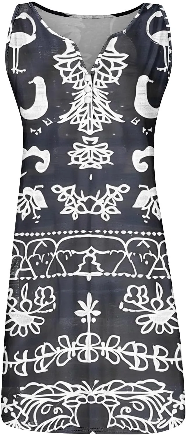 Womens Casual Sleeveless Mini Dress Vintage Print Buttons V Neck Short Dresses Summer Beach Vacation Sundress