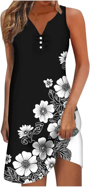 Womens Casual Sleeveless Mini Dress Vintage Print Buttons V Neck Short Dresses Summer Beach Vacation Sundress
