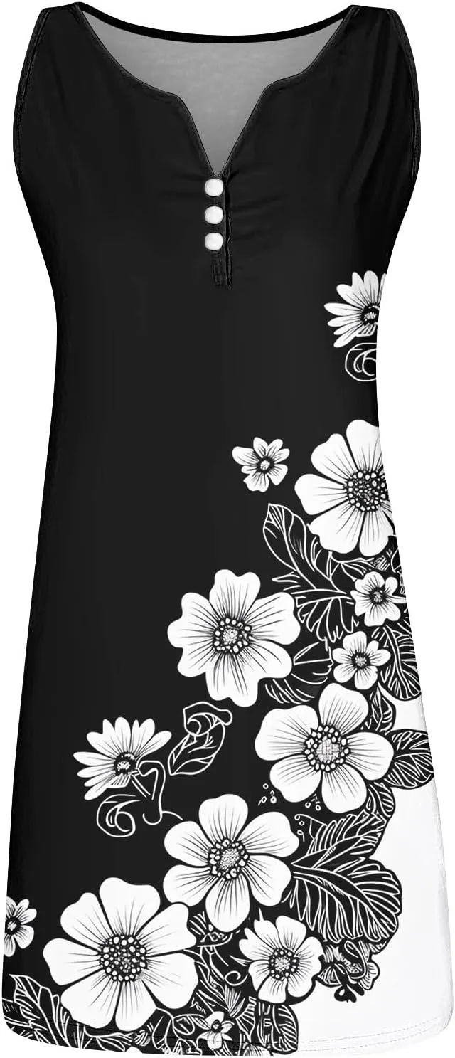 Womens Casual Sleeveless Mini Dress Vintage Print Buttons V Neck Short Dresses Summer Beach Vacation Sundress