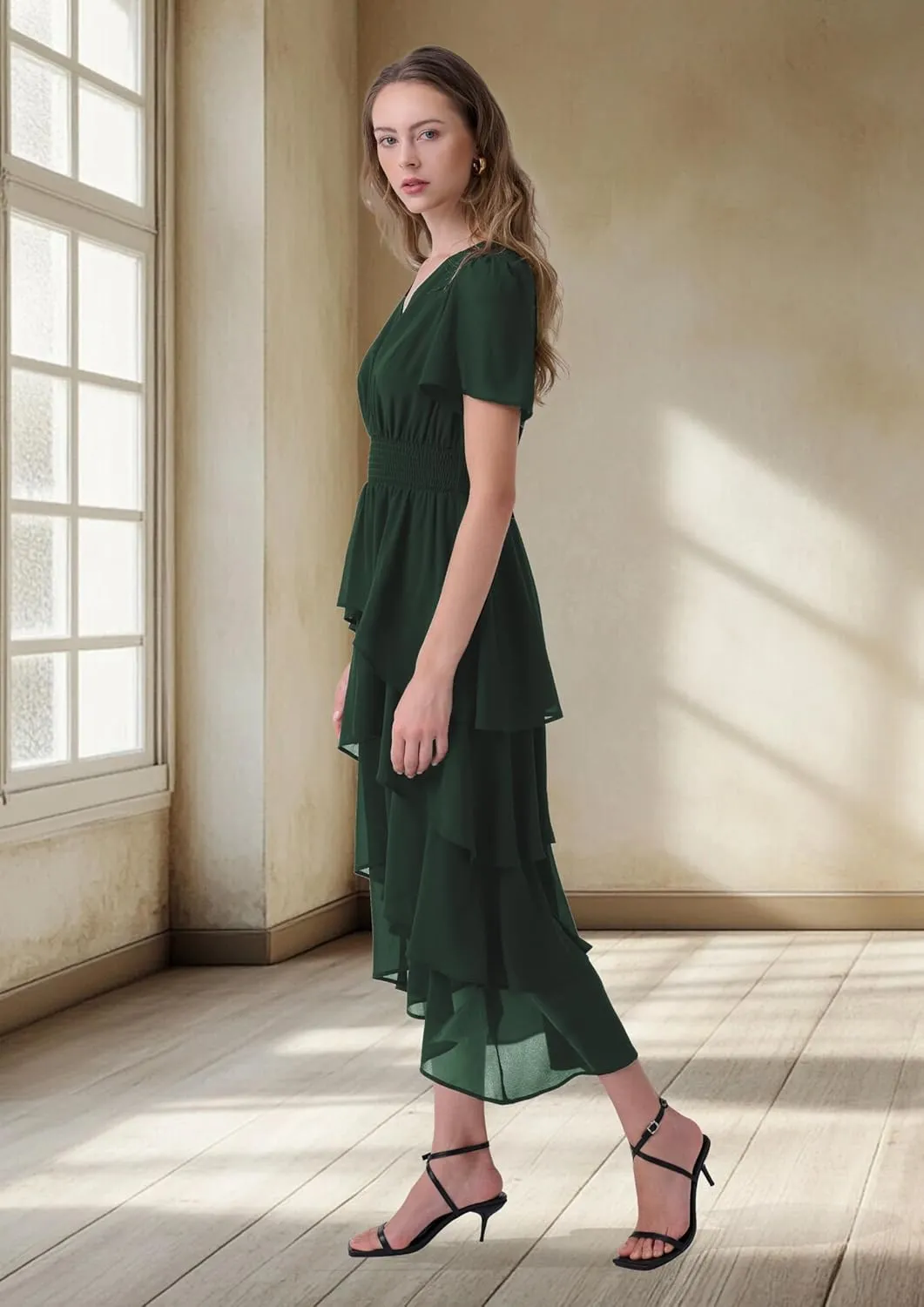 Women's Chiffon Tiered Midi Dress Short Sleeve Layered Flowy Long Dress Smocked Waist Wedding Guest Dresses
