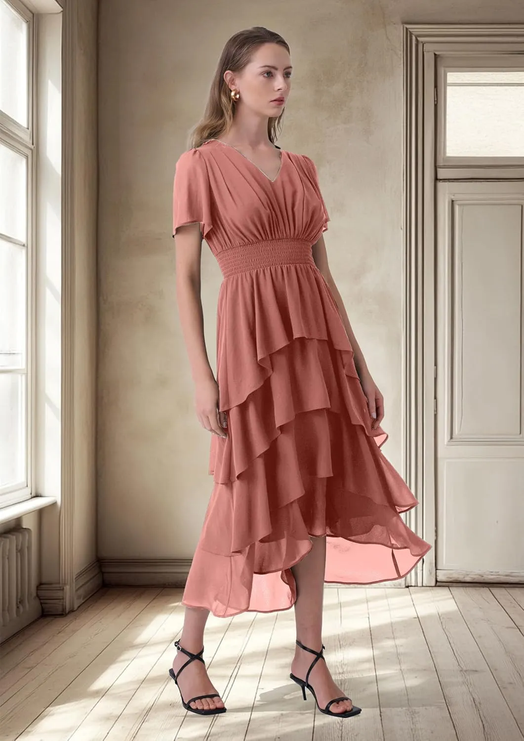Women's Chiffon Tiered Midi Dress Short Sleeve Layered Flowy Long Dress Smocked Waist Wedding Guest Dresses