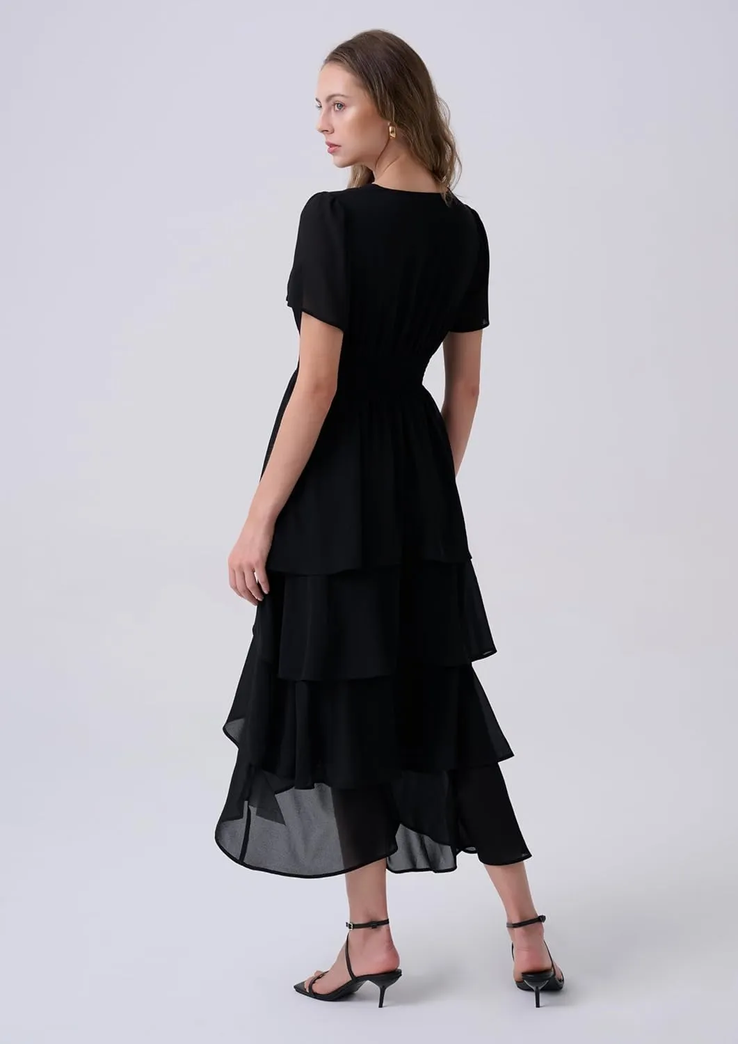 Women's Chiffon Tiered Midi Dress Short Sleeve Layered Flowy Long Dress Smocked Waist Wedding Guest Dresses