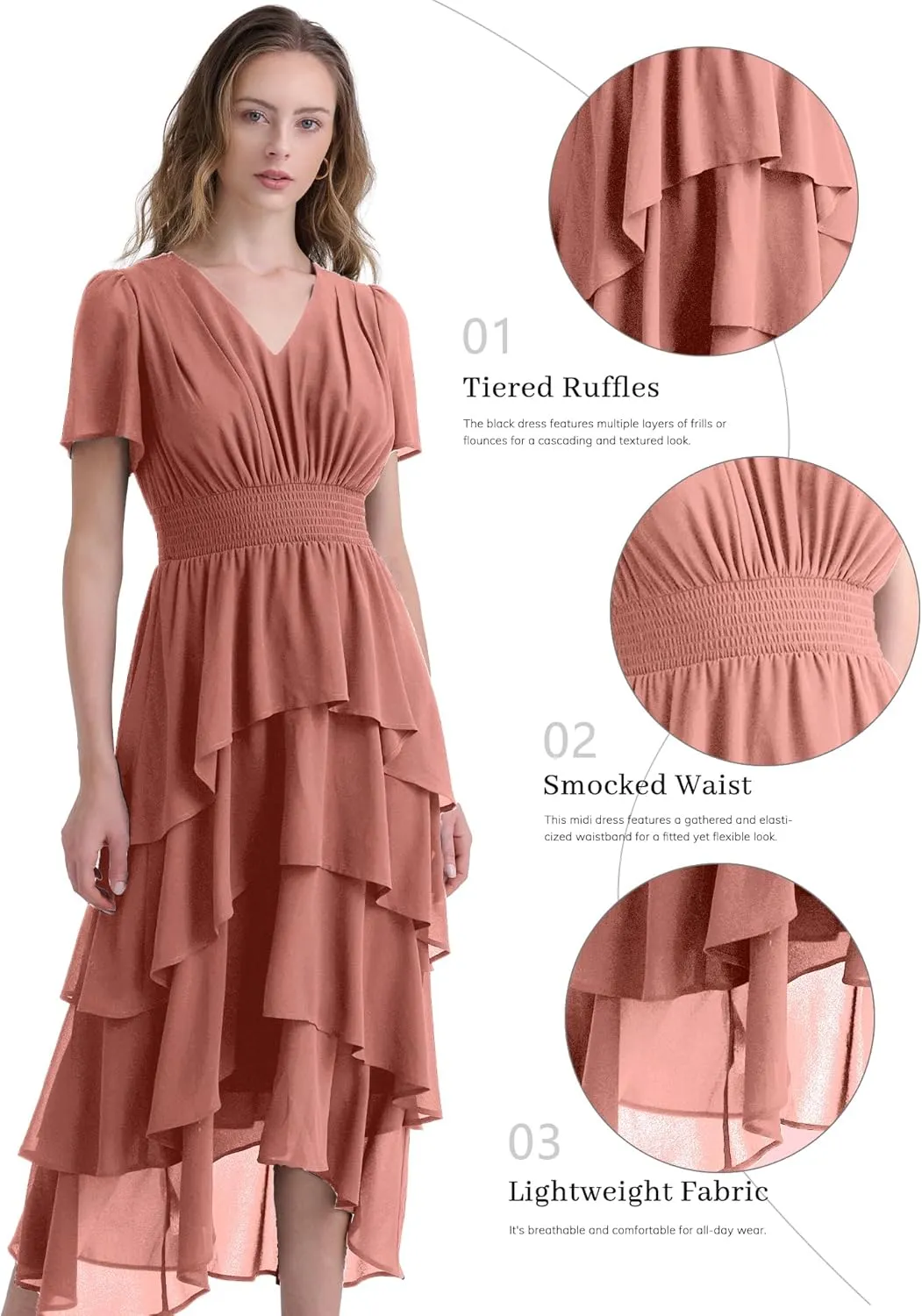 Women's Chiffon Tiered Midi Dress Short Sleeve Layered Flowy Long Dress Smocked Waist Wedding Guest Dresses