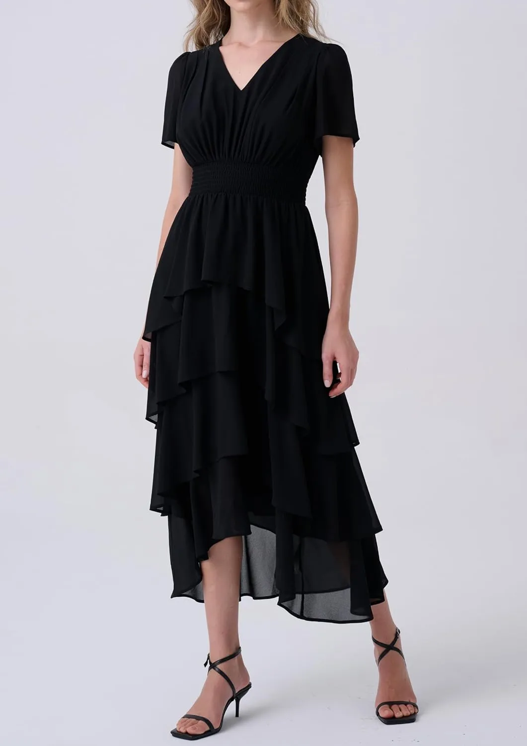 Women's Chiffon Tiered Midi Dress Short Sleeve Layered Flowy Long Dress Smocked Waist Wedding Guest Dresses
