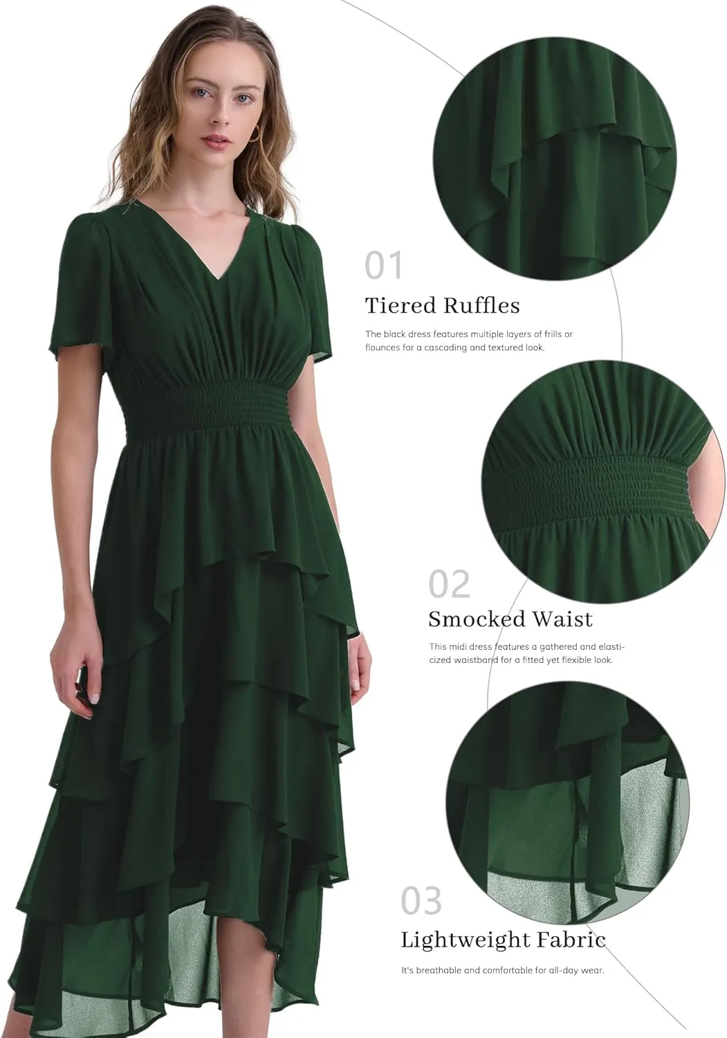 Women's Chiffon Tiered Midi Dress Short Sleeve Layered Flowy Long Dress Smocked Waist Wedding Guest Dresses