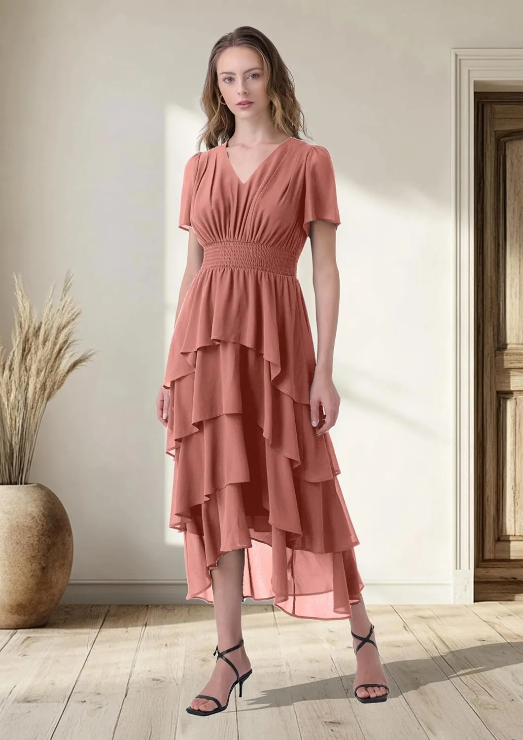 Women's Chiffon Tiered Midi Dress Short Sleeve Layered Flowy Long Dress Smocked Waist Wedding Guest Dresses