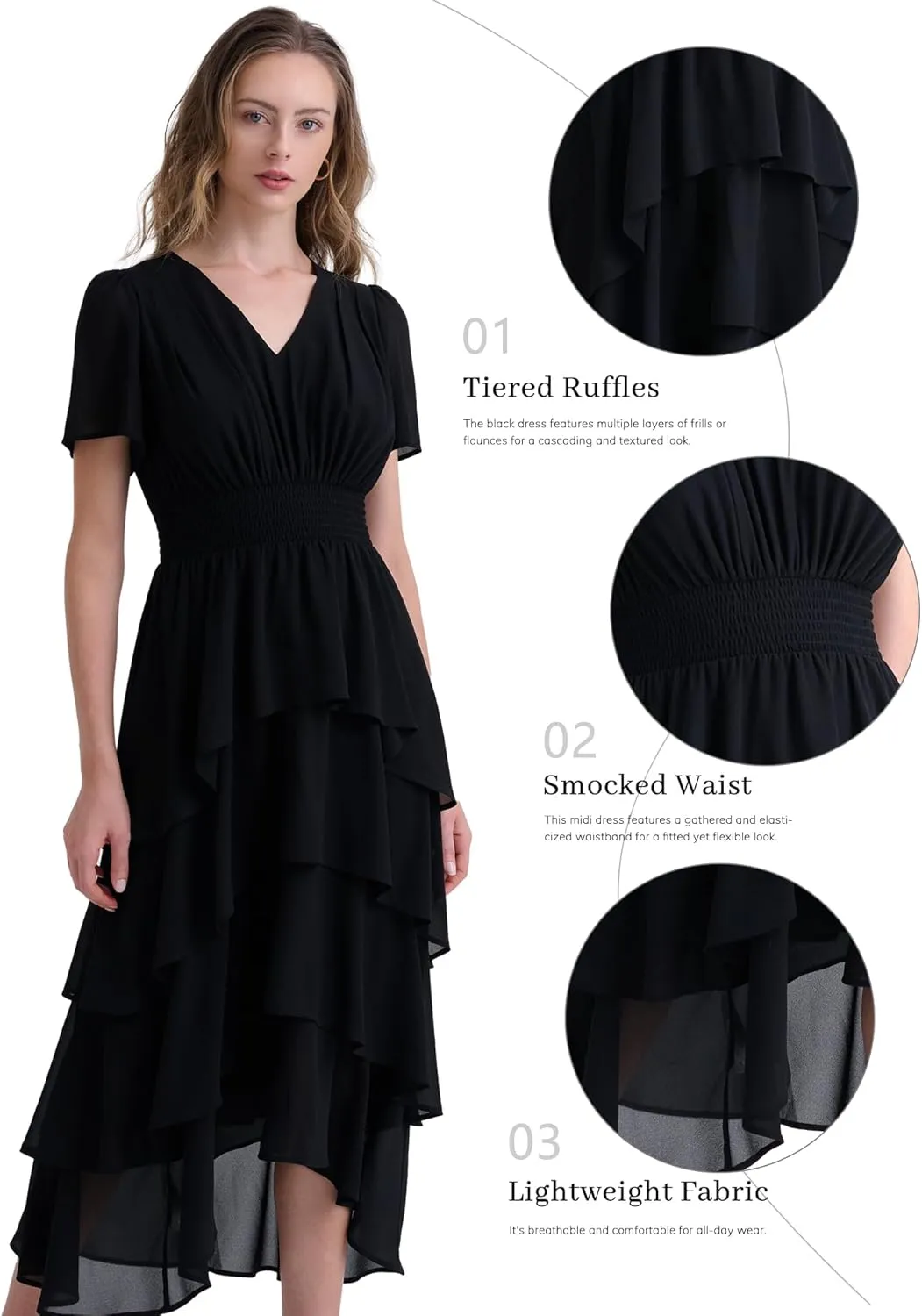 Women's Chiffon Tiered Midi Dress Short Sleeve Layered Flowy Long Dress Smocked Waist Wedding Guest Dresses