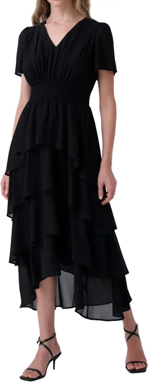 Women's Chiffon Tiered Midi Dress Short Sleeve Layered Flowy Long Dress Smocked Waist Wedding Guest Dresses