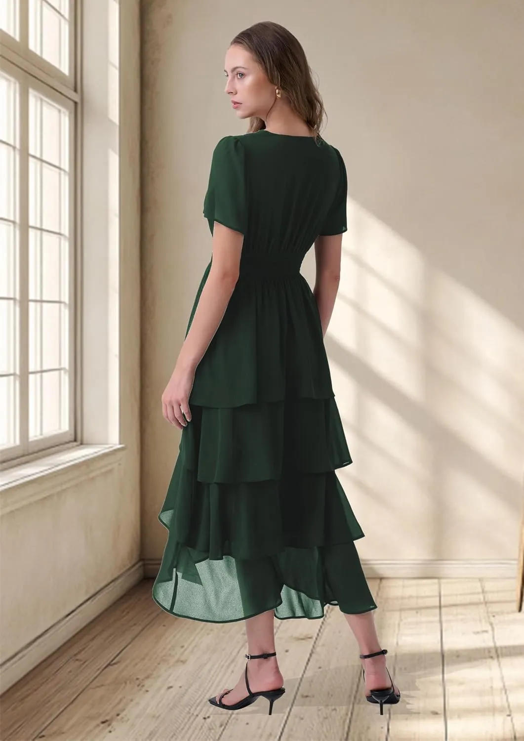 Women's Chiffon Tiered Midi Dress Short Sleeve Layered Flowy Long Dress Smocked Waist Wedding Guest Dresses