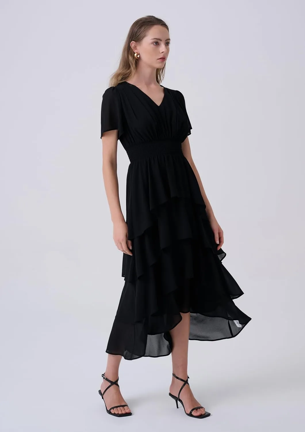 Women's Chiffon Tiered Midi Dress Short Sleeve Layered Flowy Long Dress Smocked Waist Wedding Guest Dresses