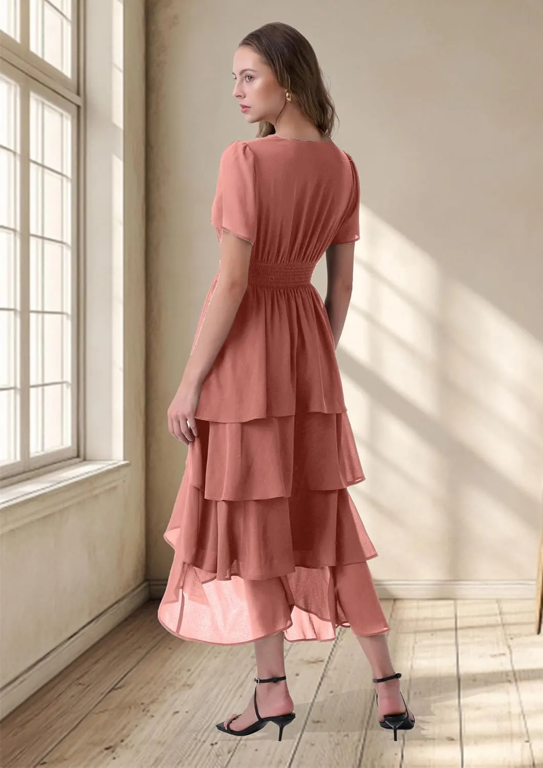 Women's Chiffon Tiered Midi Dress Short Sleeve Layered Flowy Long Dress Smocked Waist Wedding Guest Dresses