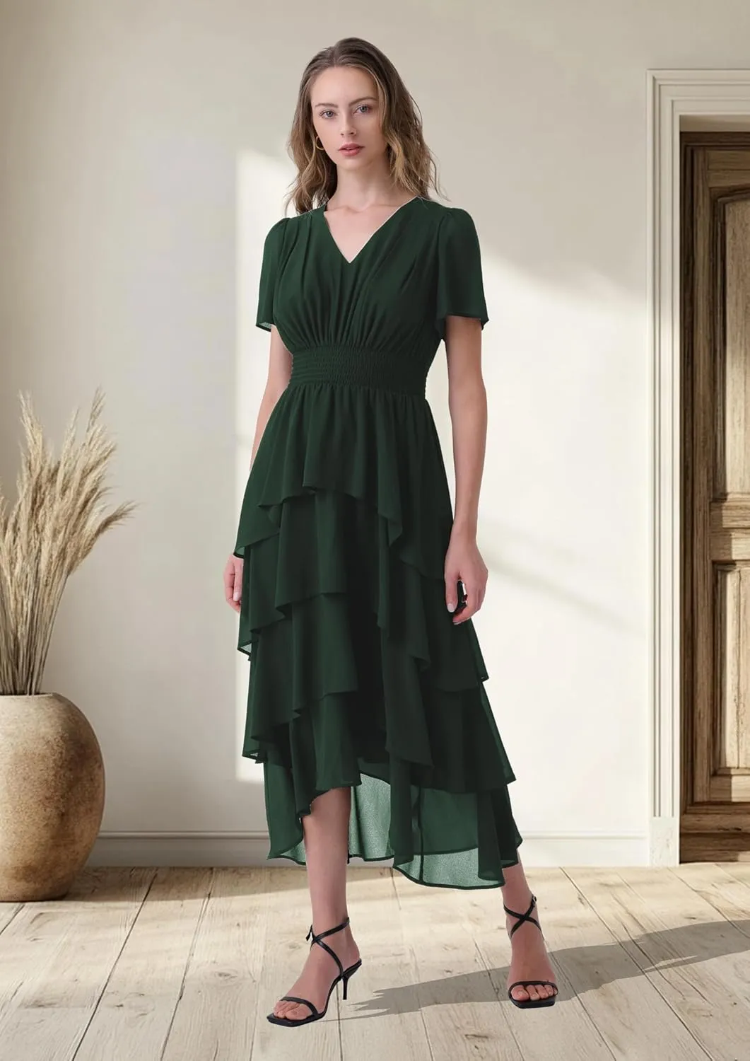 Women's Chiffon Tiered Midi Dress Short Sleeve Layered Flowy Long Dress Smocked Waist Wedding Guest Dresses