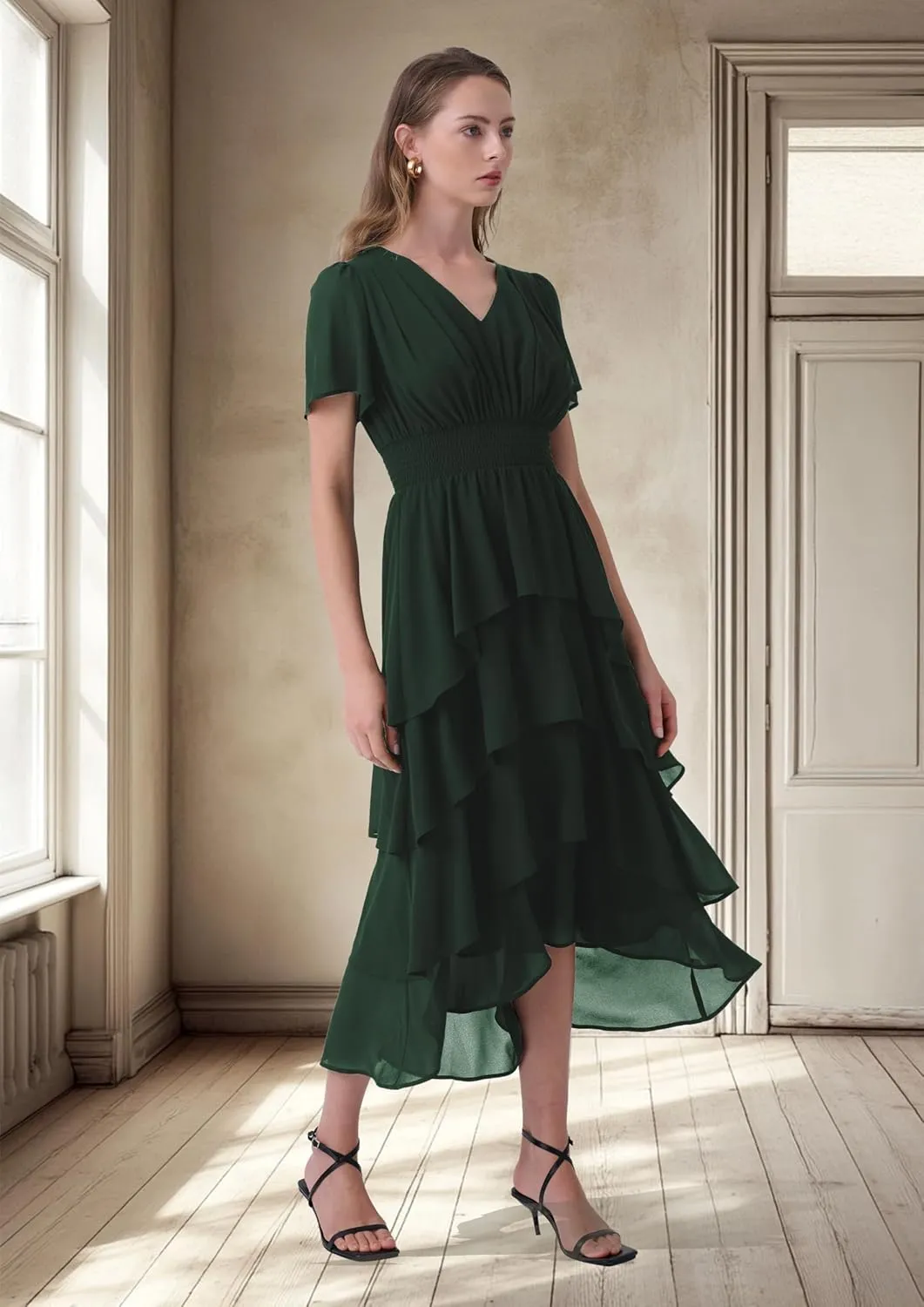 Women's Chiffon Tiered Midi Dress Short Sleeve Layered Flowy Long Dress Smocked Waist Wedding Guest Dresses