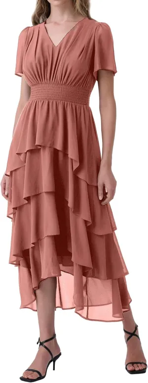 Women's Chiffon Tiered Midi Dress Short Sleeve Layered Flowy Long Dress Smocked Waist Wedding Guest Dresses