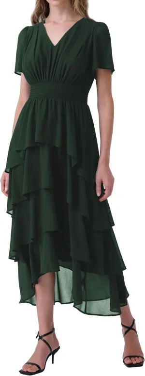Women's Chiffon Tiered Midi Dress Short Sleeve Layered Flowy Long Dress Smocked Waist Wedding Guest Dresses