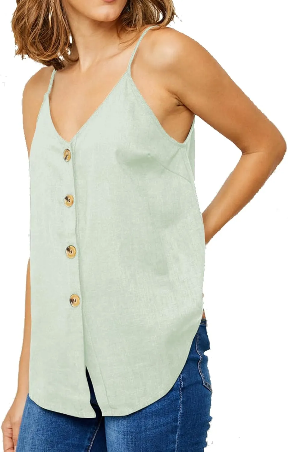 Womens Cotton Linen Tank Tops Causal V Neck Sleeveless Button Down Tops Summer Loose Fit Spaghetti Strap Cami Shirts
