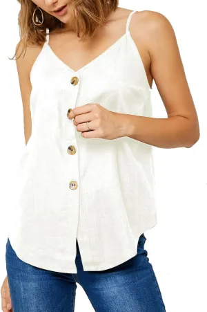 Womens Cotton Linen Tank Tops Causal V Neck Sleeveless Button Down Tops Summer Loose Fit Spaghetti Strap Cami Shirts