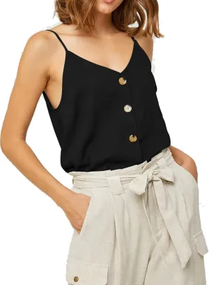 Womens Cotton Linen Tank Tops Causal V Neck Sleeveless Button Down Tops Summer Loose Fit Spaghetti Strap Cami Shirts