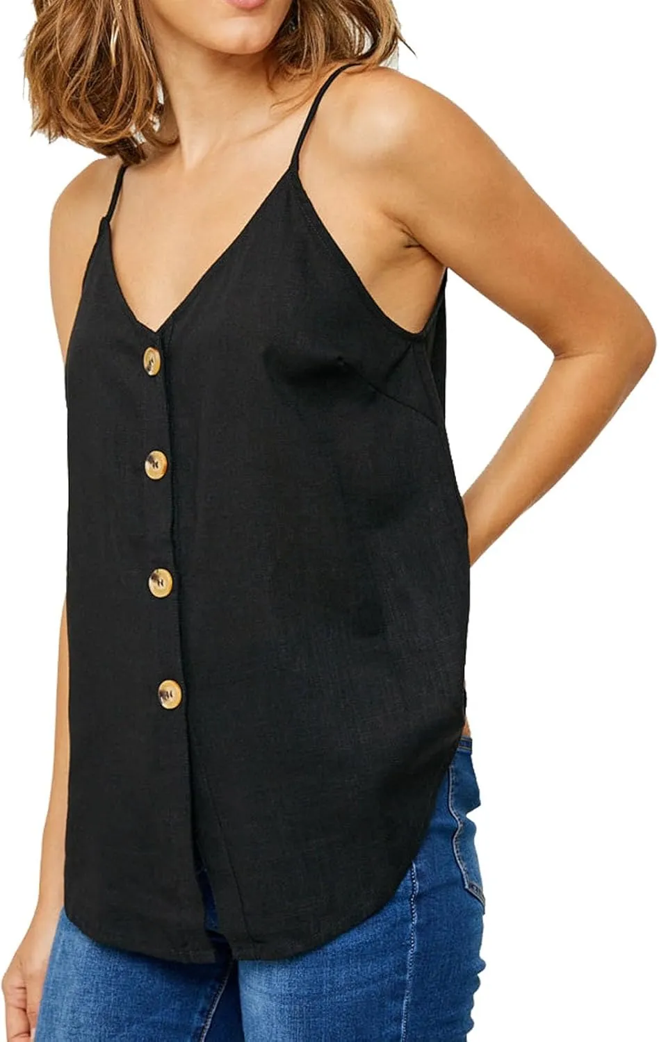 Womens Cotton Linen Tank Tops Causal V Neck Sleeveless Button Down Tops Summer Loose Fit Spaghetti Strap Cami Shirts