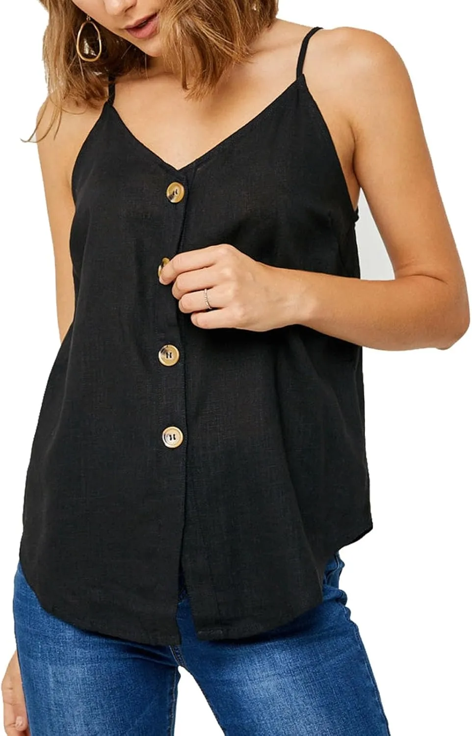Womens Cotton Linen Tank Tops Causal V Neck Sleeveless Button Down Tops Summer Loose Fit Spaghetti Strap Cami Shirts