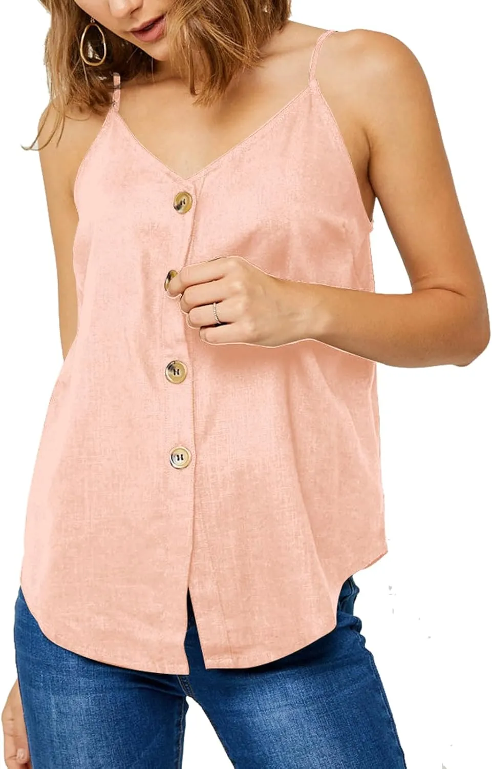 Womens Cotton Linen Tank Tops Causal V Neck Sleeveless Button Down Tops Summer Loose Fit Spaghetti Strap Cami Shirts