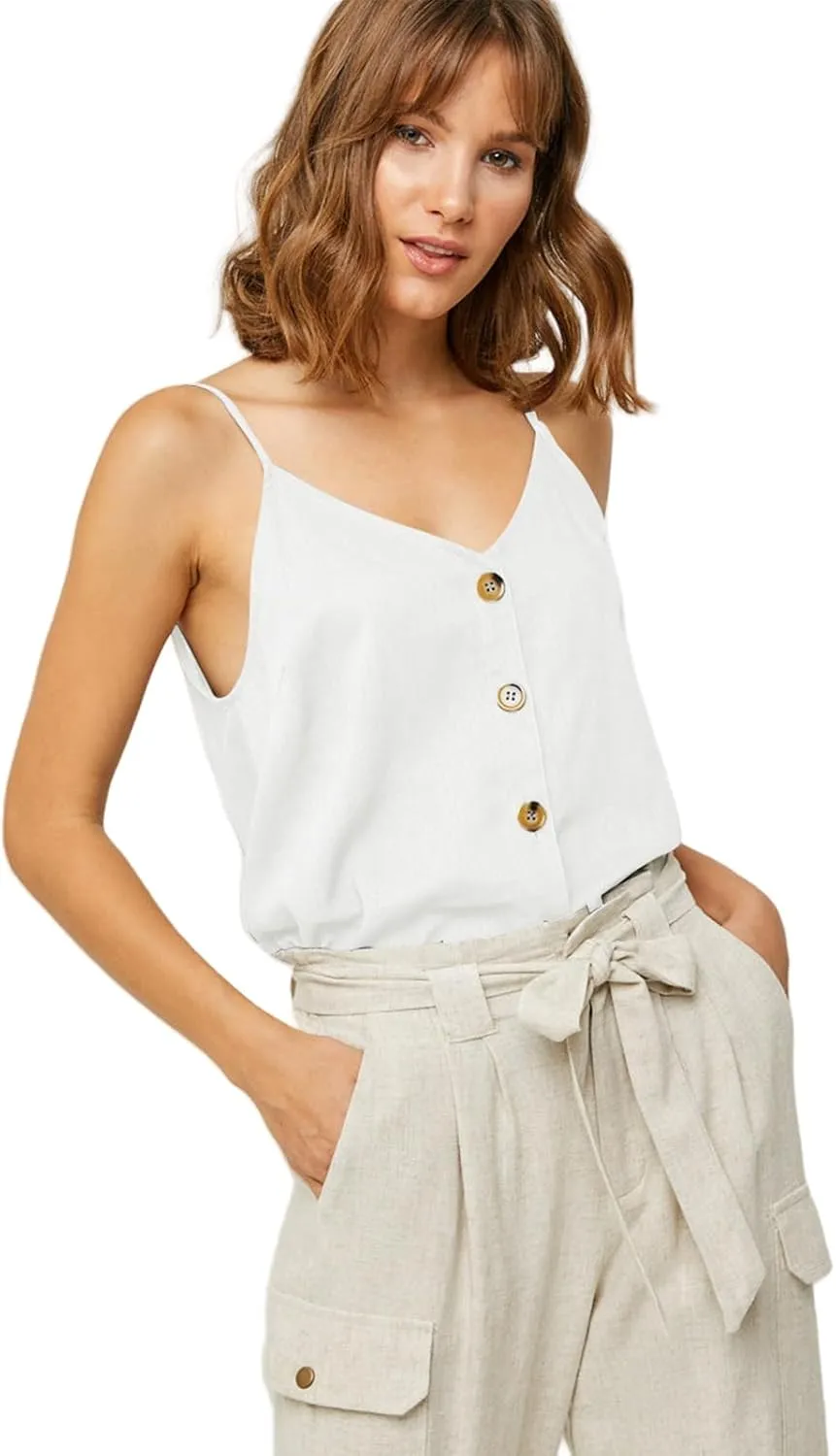 Womens Cotton Linen Tank Tops Causal V Neck Sleeveless Button Down Tops Summer Loose Fit Spaghetti Strap Cami Shirts