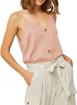 Womens Cotton Linen Tank Tops Causal V Neck Sleeveless Button Down Tops Summer Loose Fit Spaghetti Strap Cami Shirts