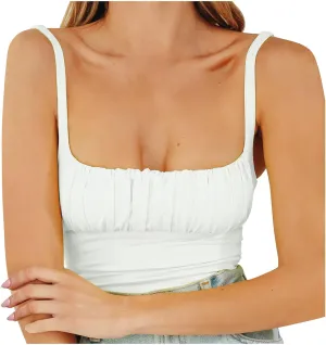 Women's Crop Top Cami Square Neck Camisole Summer Fashion Sexy Slim Fit Sleeveless Spaghetti Strap Smocked Tank Tops