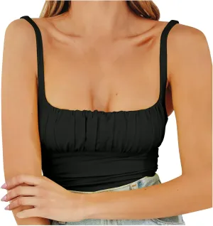 Women's Crop Top Cami Square Neck Camisole Summer Fashion Sexy Slim Fit Sleeveless Spaghetti Strap Smocked Tank Tops