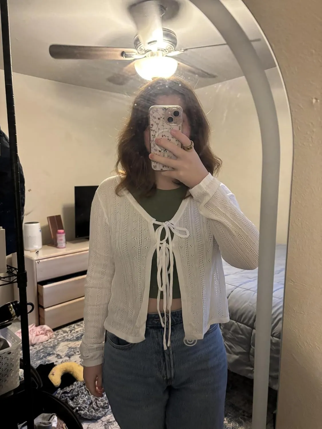 Women's Cute Handmade Cardigan Summer Little Sweater Lightweight Top with Small Flowers Pattern