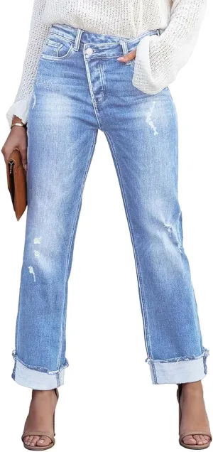 Womens Denim Cargo Pants Flap Pocket High Waisted Stretchy Straight Wide Leg Jeans