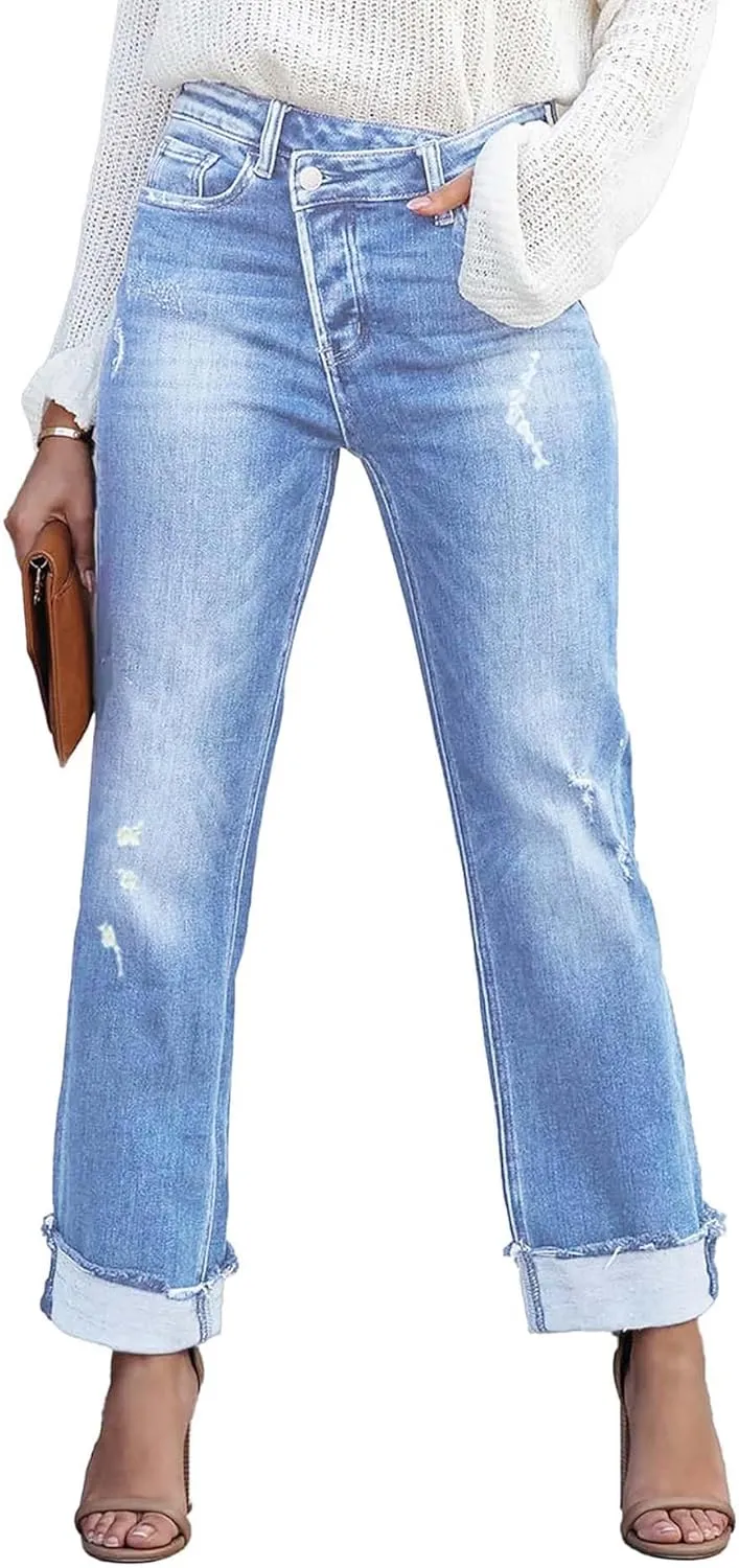 Womens Denim Cargo Pants Flap Pocket High Waisted Stretchy Straight Wide Leg Jeans