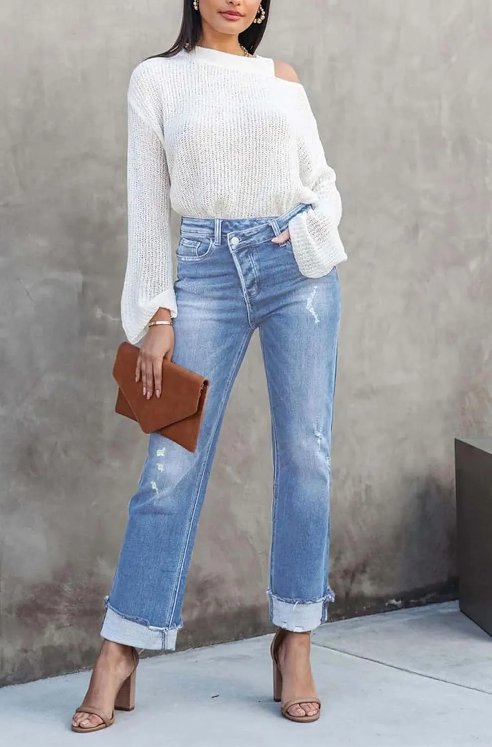 Womens Denim Cargo Pants Flap Pocket High Waisted Stretchy Straight Wide Leg Jeans