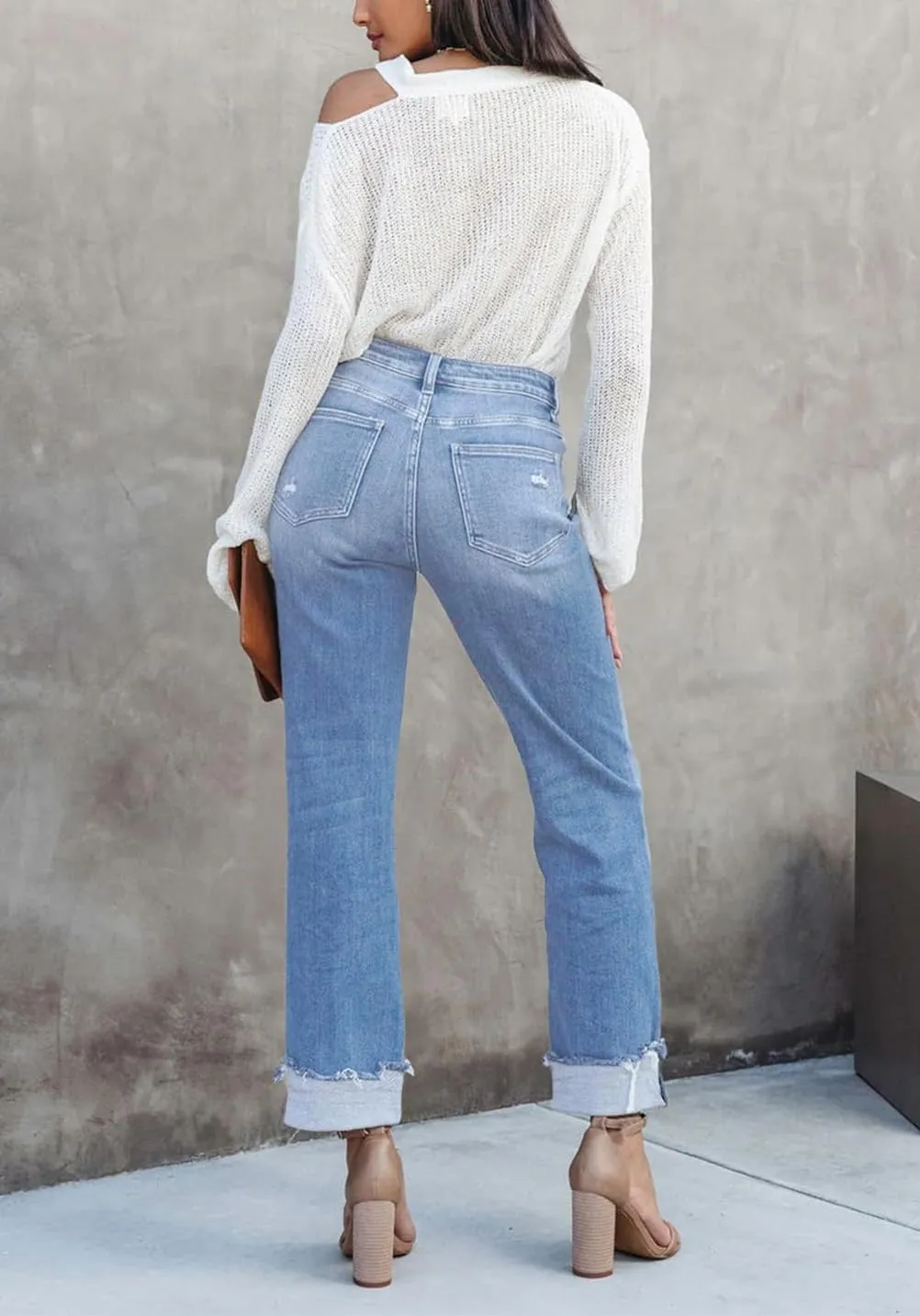 Womens Denim Cargo Pants Flap Pocket High Waisted Stretchy Straight Wide Leg Jeans