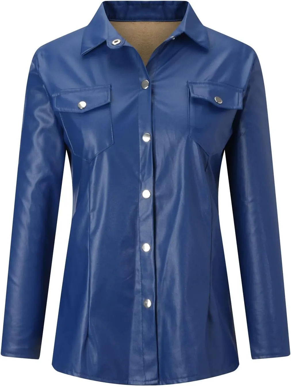 Women's Faux Leather Jacket Soft PU Snap Button Down Shirt Shacket Long Sleeve Motorcycle Fashion Leather Jacket