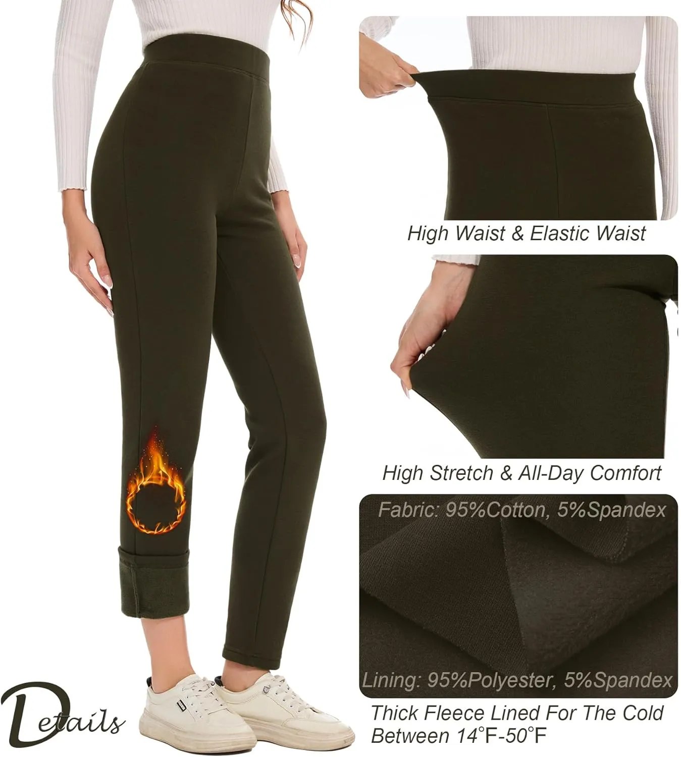 Women's Fleece Lined Cotton Leggings, Thick Soft High Waisted Tummy Control Thermal Warm Pants for Cold Winter