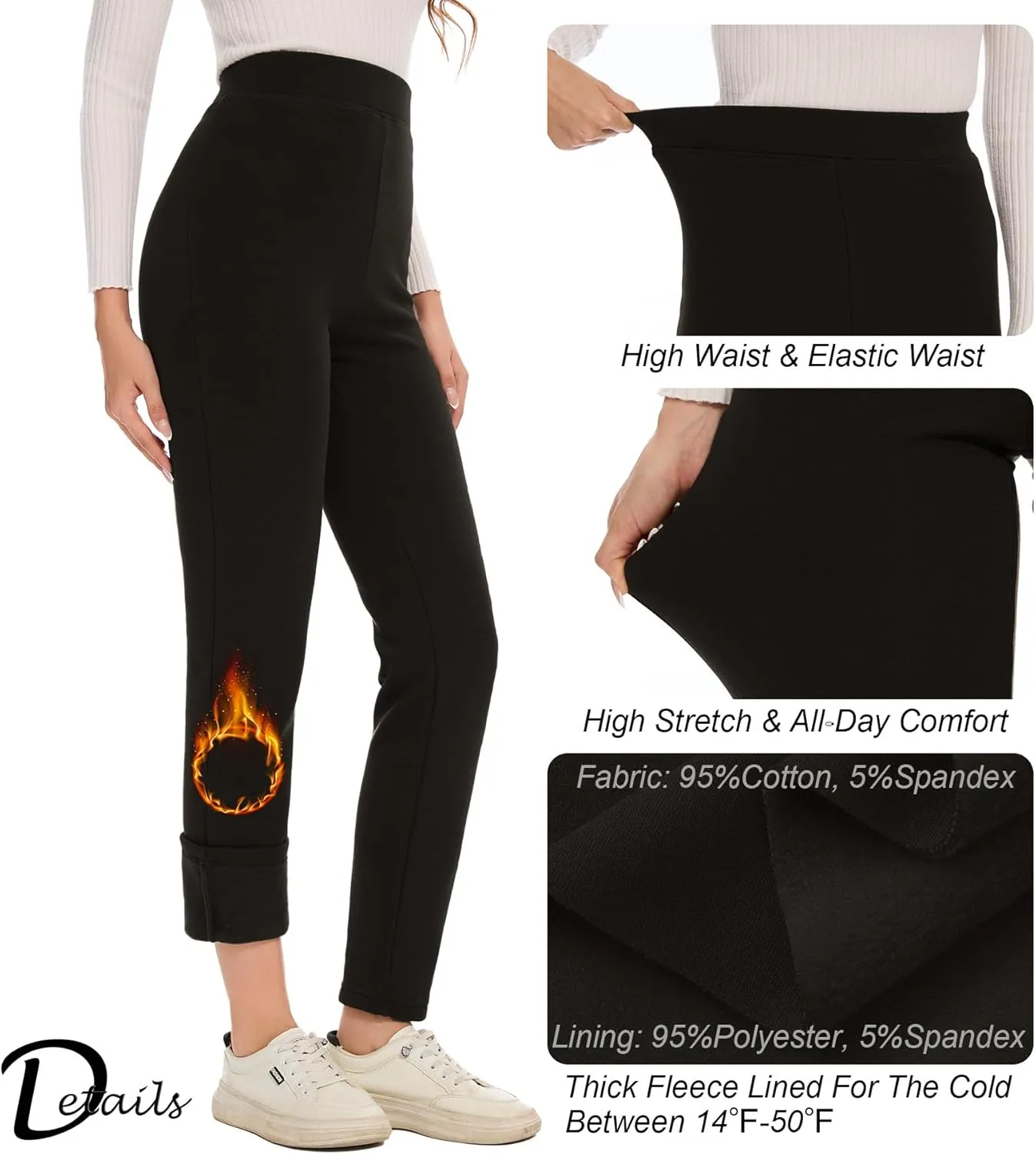 Women's Fleece Lined Cotton Leggings, Thick Soft High Waisted Tummy Control Thermal Warm Pants for Cold Winter