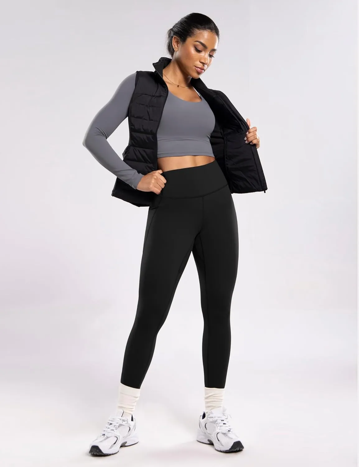 Women's Fleece Lined Leggings with Pockets Thermal Winter Workout High Waist 28'' Yoga Warm Pants Tight Full Length