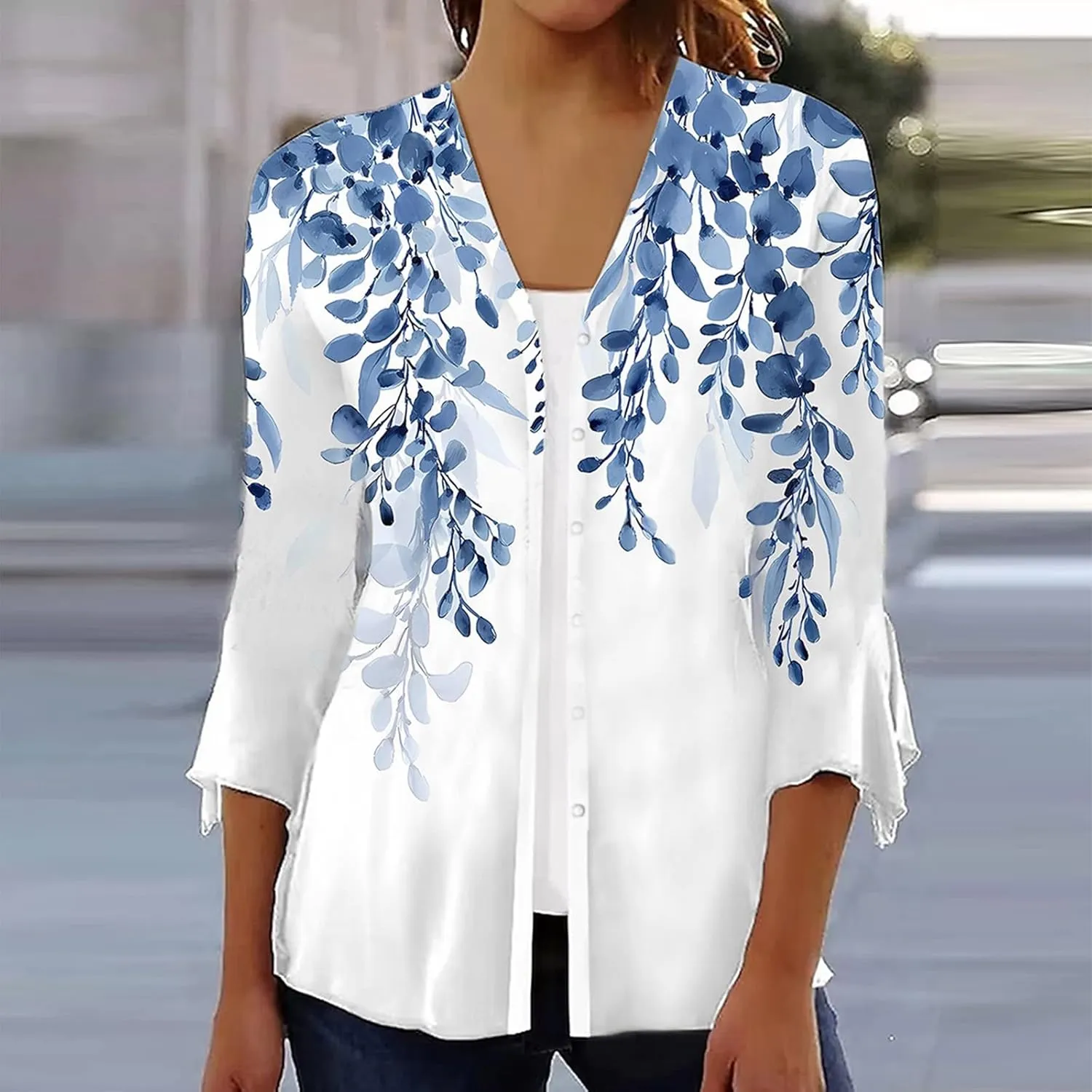 Women's Floral Print Bell 3/4 Sleeve Cardigan Lightweight Open Front Button Down Cover Up Casual Blouse Tops