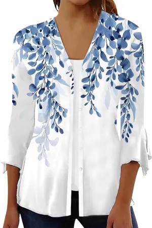 Women's Floral Print Bell 3/4 Sleeve Cardigan Lightweight Open Front Button Down Cover Up Casual Blouse Tops