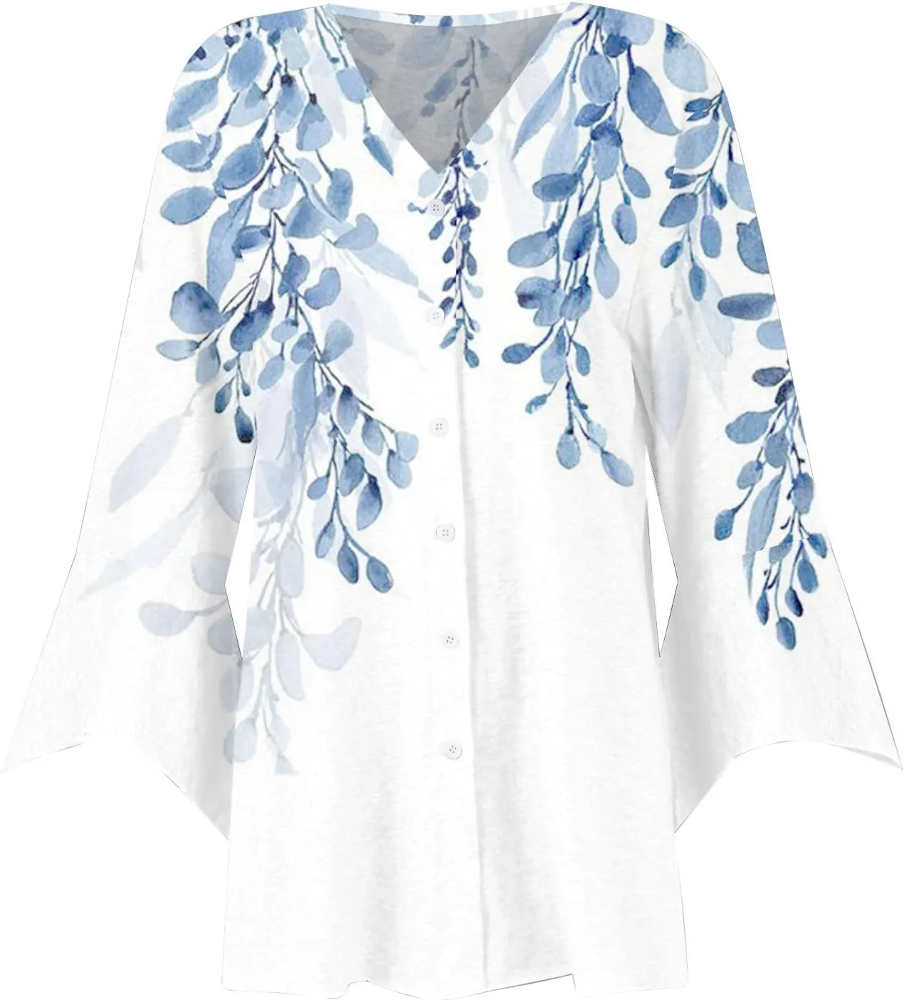 Women's Floral Print Bell 3/4 Sleeve Cardigan Lightweight Open Front Button Down Cover Up Casual Blouse Tops