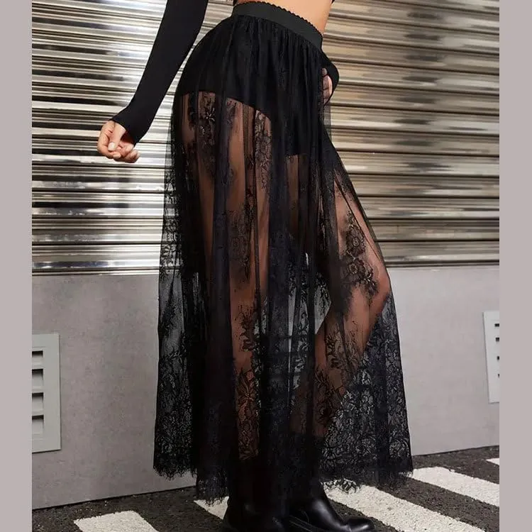 Women's High Waist A Line Lace Sheer Mesh Maxi Skirt Trendy Sexy Party Skirts