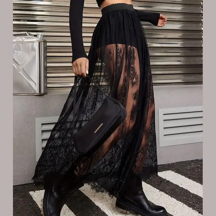 Women's High Waist A Line Lace Sheer Mesh Maxi Skirt Trendy Sexy Party Skirts