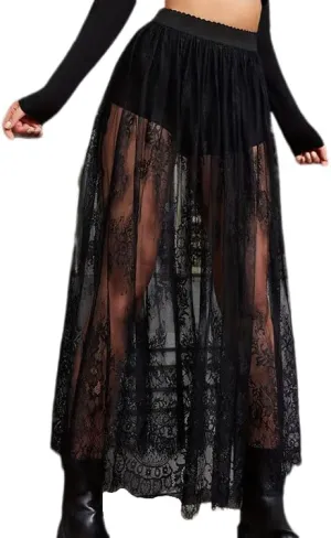 Women's High Waist A Line Lace Sheer Mesh Maxi Skirt Trendy Sexy Party Skirts